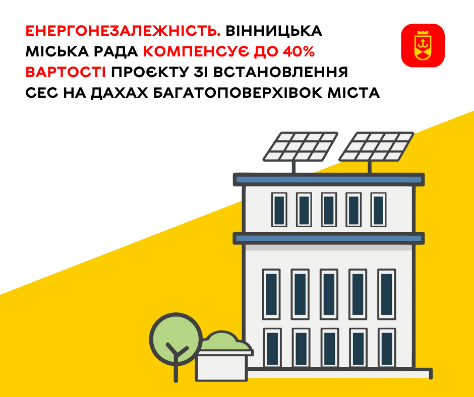 Енергонезалежність. Вінницька міська рада компенсує до 40%  вартості проєкту зі встановлення СЕС на дахах багатоповерхівок міста